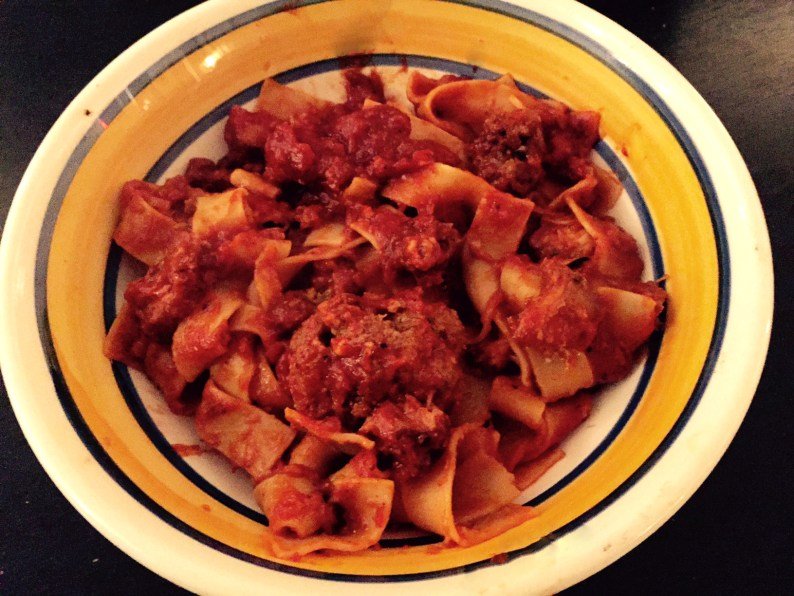 Sunday gravy with meatballs over pappardelle