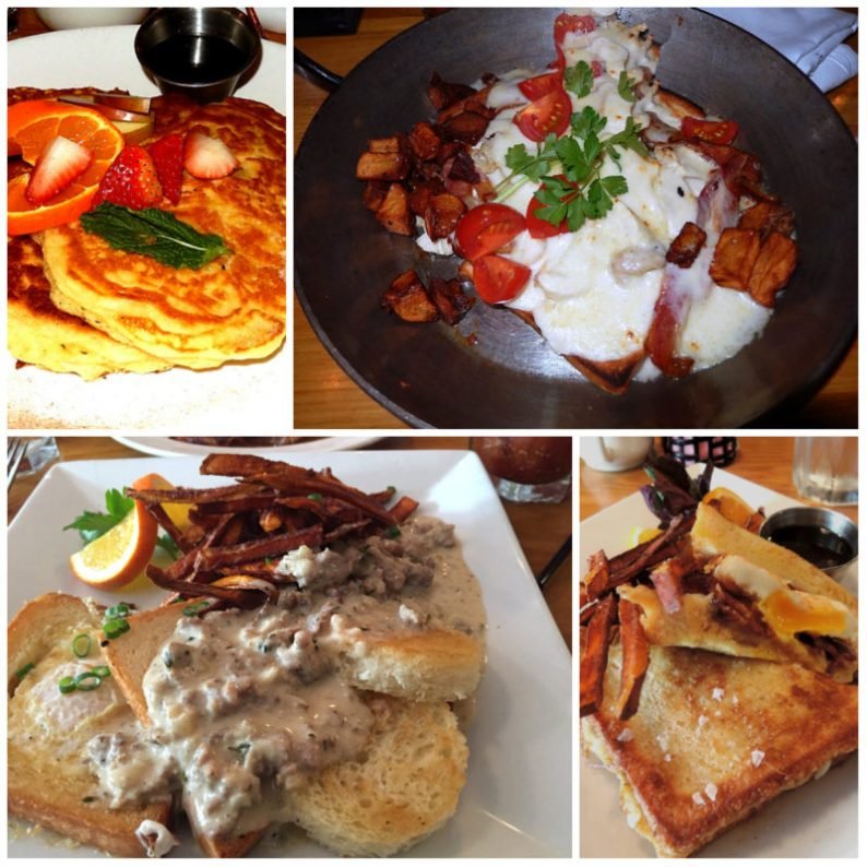 Brunch specials of the old Caiola's: Clockwise: pancakes, Hot Brown, Bird's Nest, special French Toast